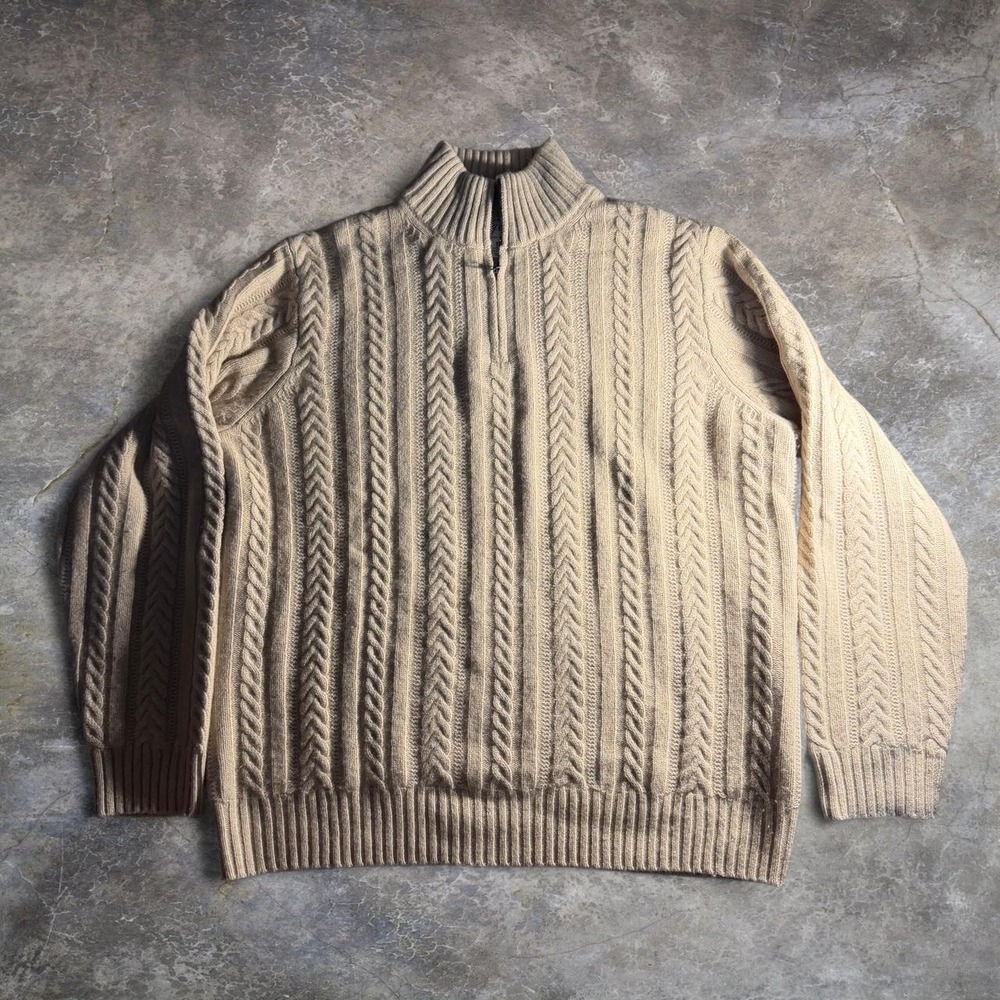 J. Crew Rugged Merino Wool Blend Cable Knit Quarter Zip Sweater Cream Tan XL